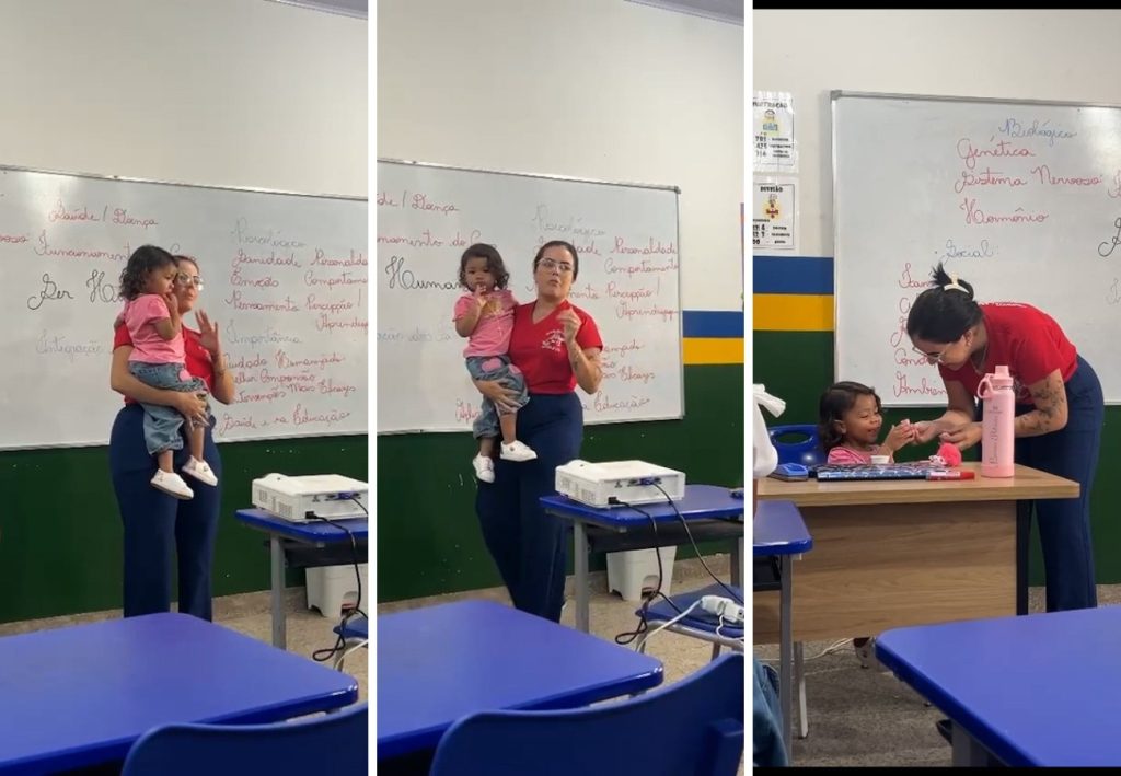 Professora cuida da filha de estudante em sala e gesto repercute na web: ‘Ensinar vai muito além do conteúdo’
