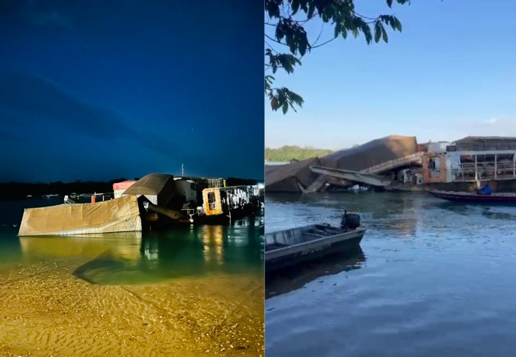 Caminhão fica pendurado após descer rampa de balsa no Rio Tocantins; vídeo