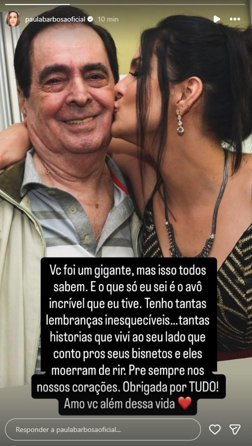 Paula Barbosa, neta de Benedito Ruy Barbosa, lamenta morte do avô: ‘Amo você além dessa vida’